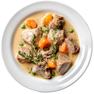plate of blanquette de veau on white background