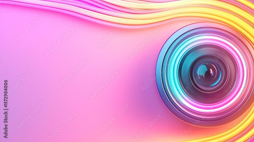 Poster neon abstract background idea. vibrant abstract design featuring a camera lens with colorful light t