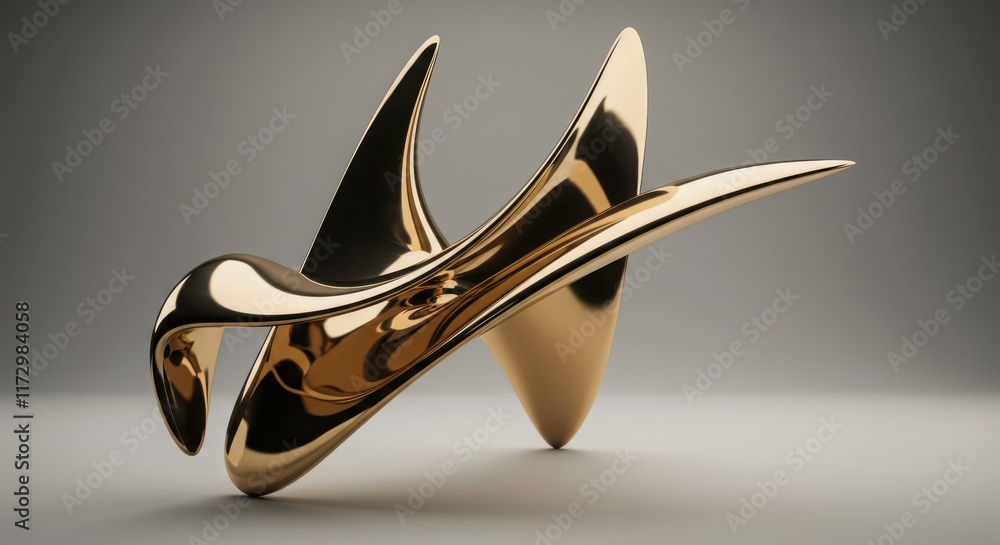 Poster modern abstract golden sculpture with dynamic curves displayed in a minimalistic studio setting