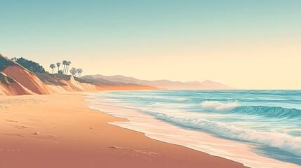 Serene sunset beach scene with ocean waves gently lapping sandy shore.