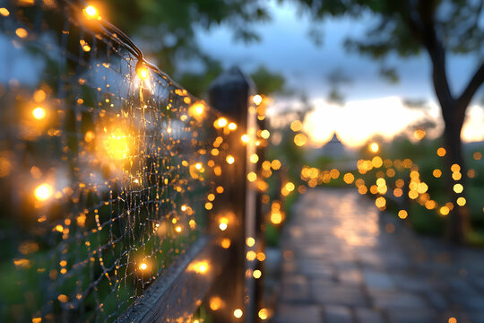 Illuminated garden path at dusk, fairy lights on fence, romantic ambiance, ideal for wedding or event invitation