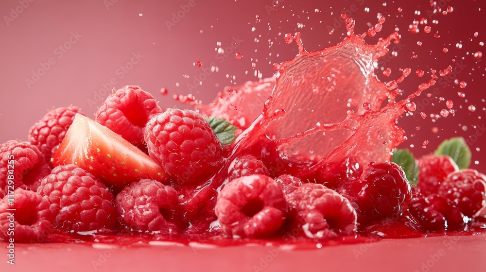 Aufkleber Fresh raspberries and a slice of strawberry create a vibrant splash as they're immersed in red juice, making a dynamic and refreshing scene against a gradient backdrop
