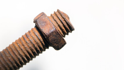 rusty nut. Rusty iron rod with screw threads. Rusted mechanical components. threaded bolt and nut isolated close up. dismantling concept, difficult to unscrew, non-removable. space for text