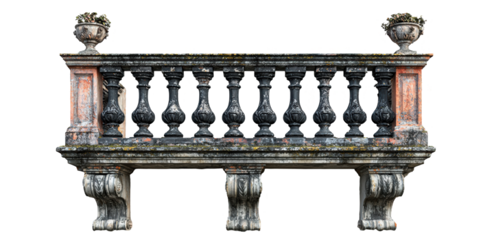 Vintage stone balcony with ornate design isolated on transparent background
