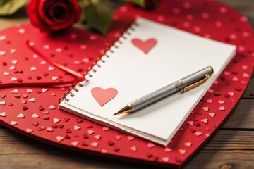Valentine's Day Note mockup with Pen on Red Heart-shaped Background and Paper Hearts