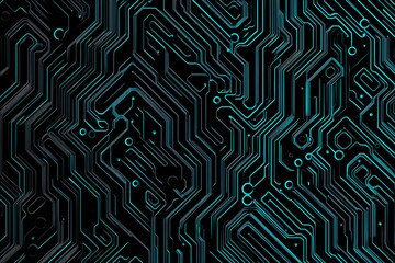 Abstract close-up of a glowing blue digital circuit board, showcasing intricate connections and technological design on a black background.
