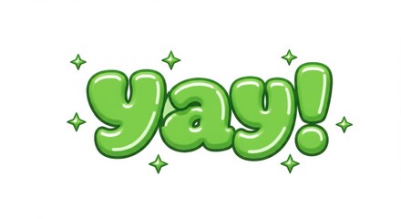 Green Bubble Letter Yay with Sparkles on White