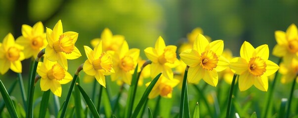 Fototapeta premium A sunny meadow filled with clusters of bright yellow daffodils, sunny meadow, garden
