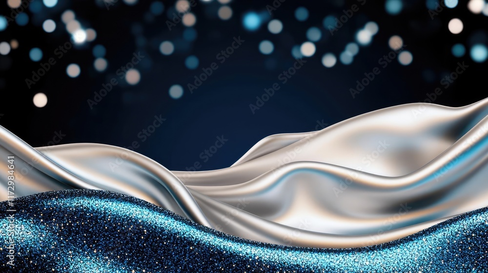 Poster glitter abstract background concept. elegant waves of silk fabric in a shimmering blue background wi