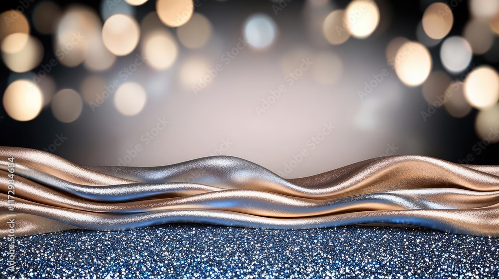 Poster glitter abstract background concept. elegantly flowing metallic waves with a sparkling backdrop of s