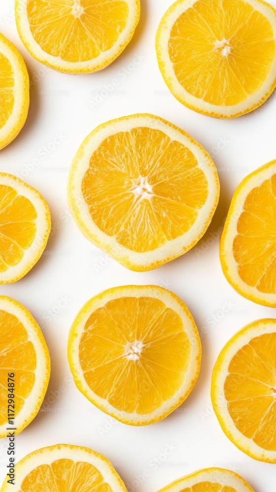 Poster slices of fresh, ripe lemons are meticulously arranged on a clean white background, forming a visual