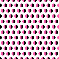 Black and pink dots repeat pattern.Two tone half round circle geometric shape seamless pattern isolated on white background.Vector graphic illustration abstract background wallpaper. 