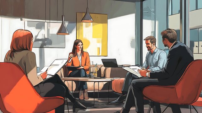 Casual team meeting lounge area professionals taking notes exchanging ideas 