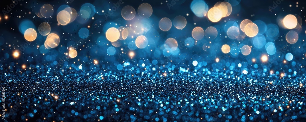 Poster glitter abstract background concept. shimmering blue glitter background with sparkling bokeh lights 
