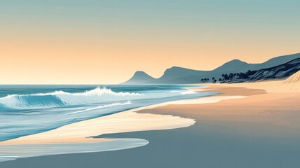 Fototapeta premium Serene sunset beach scene with gentle waves.