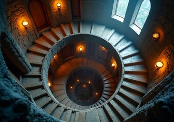 Fototapeta premium Spiraling staircase illuminated by soft lights in a historic building