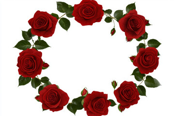 Red rose wreath, circular frame, lush foliage, elegant floral design.