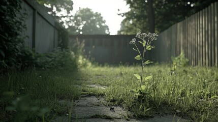 Single wildflower growing in overgrown path between fences.