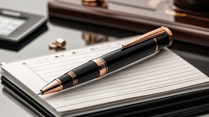 A pen with a click mechanism, resting on top of a notebook with a calendar and other office essentials in the background.