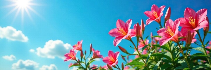 Fototapeta premium Colorful tuberose flowers against a bright blue sky, sky, tropical, colors