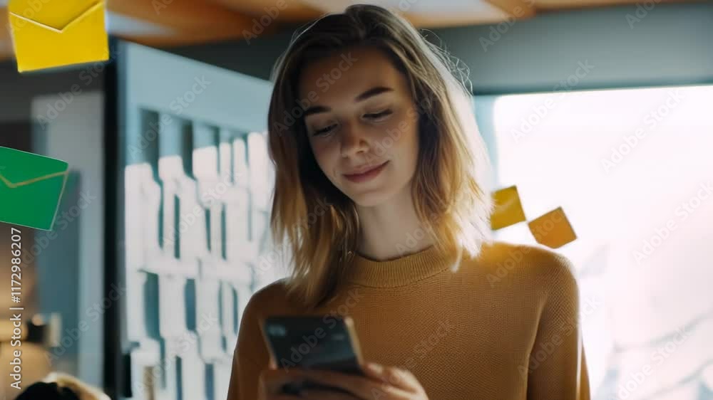 Poster young woman is using her smartphone with multiple email icons flying around, representing online com