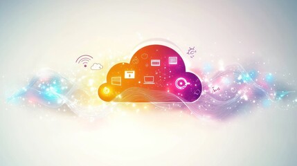 Colorful cloud computing concept with digital icons.