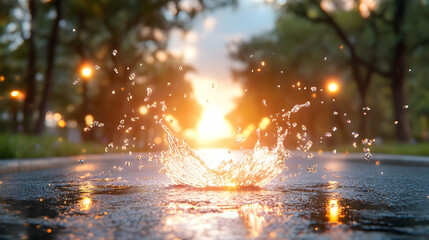 Sunset park puddle water splash;  evening light reflecting;  blurred background;  perfect for website or advertisement