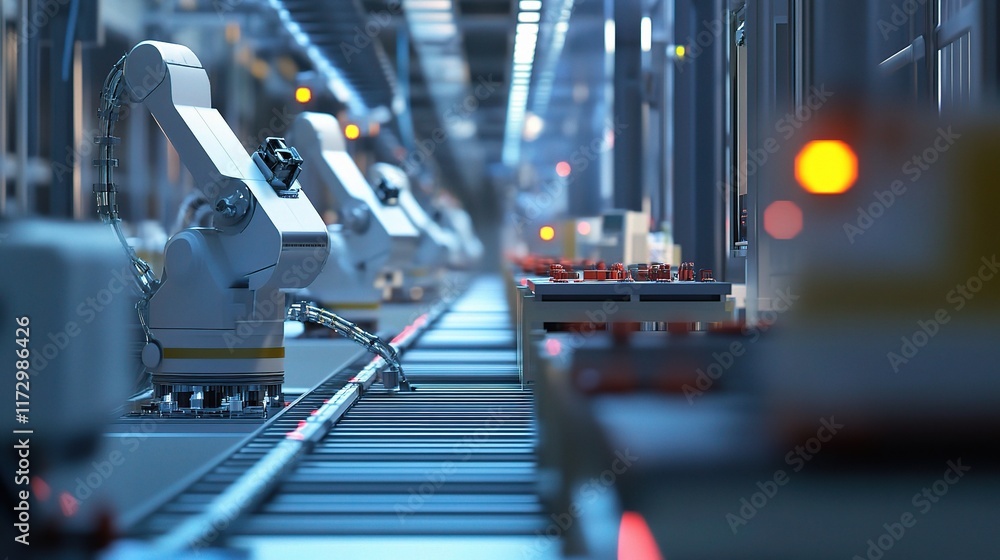 Poster Modern Automated Production Line with Advanced Robots in Action