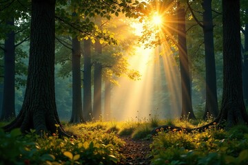 Obraz premium Forest glade with warm sunbeams filtering through trees, trees, soothing, branches