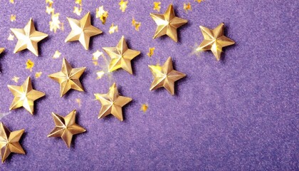 Golden Glitter Star Decorations on Purple Background with Shimmering Sparkles. Perfect for Festive Crafts, Celebrations, and Parties