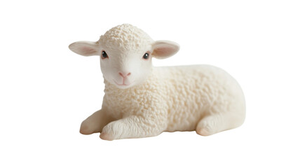 Fototapeta premium Cute white lamb isolated on transparent background, fluffy baby sheep lying down, farm animal PNG cutout for design