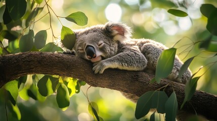 Obraz premium A koala peacefully sleeping on a tree branch amidst lush green leaves.
