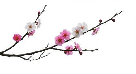 Flowering Plum Tree Branch with Pink and White Blossoms on White