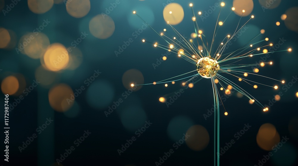 Poster magical glow of a dandelion seed with bokeh lights in a dreamy background
