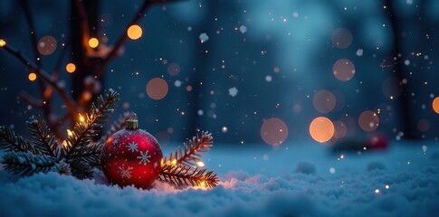 Fototapeta premium Dark winter sky with twinkling stars, Christmas ball lights glowing softly, bokeh, glow, sparkle