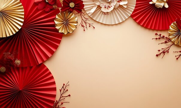 Decorative arrangement of red paper fans and cherry blossoms on a textured background
