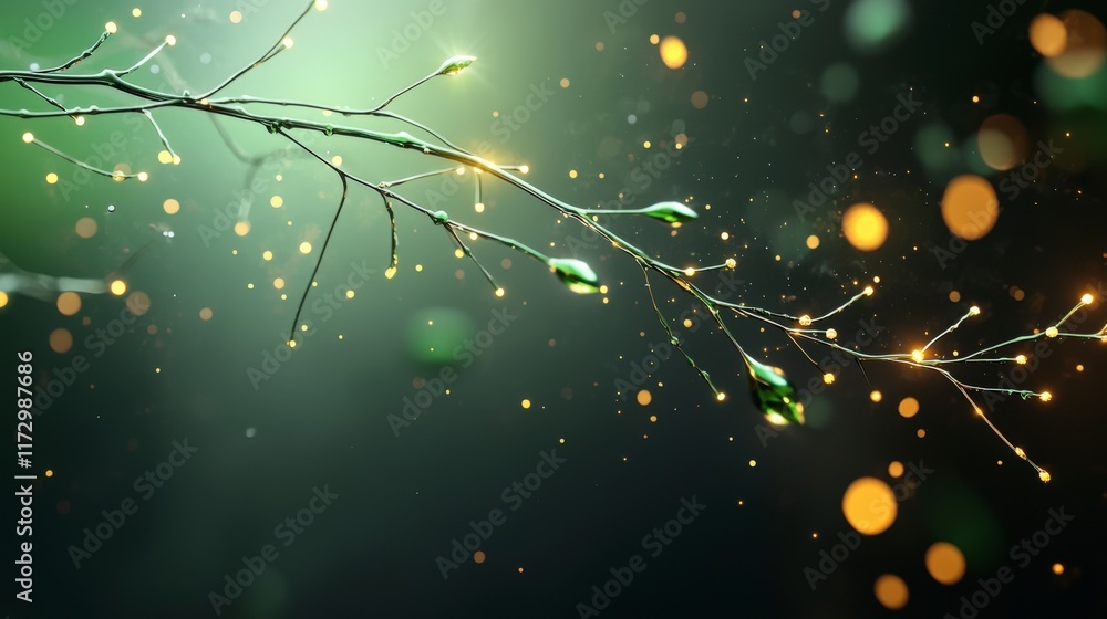 Poster sparkling green leaves on a delicate branch with bokeh effects in a dreamy nature background