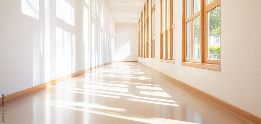 Poster bright school corridor with sunlight streaming through large windows, creating warm and inviting atm