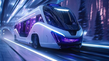 Fototapeta premium Futuristic Self-Driving Vehicle on High-Tech Track with Neon Lights and Modern Design