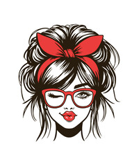 A vector illustration of a messy bun. It features a woman's face with red lips, red headband tied into a bow at the top, and large red-framed glasses. 