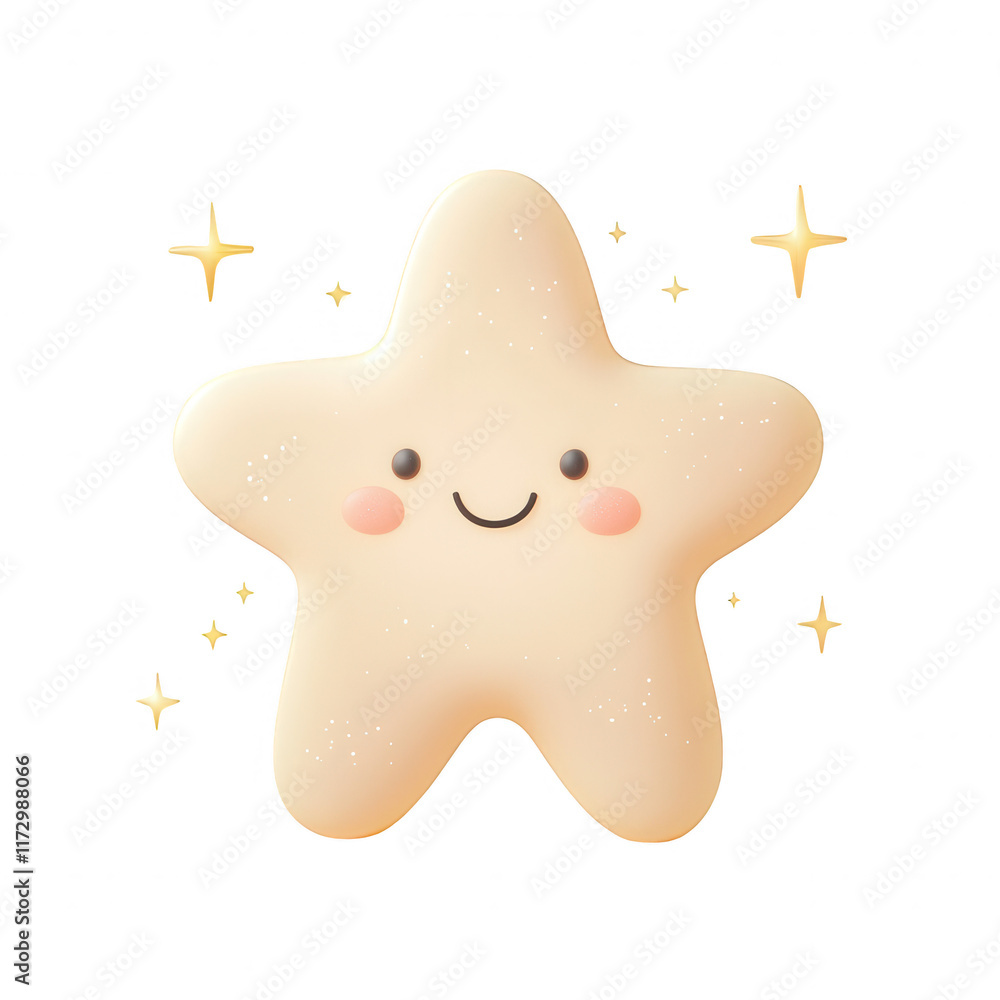 Poster a cheerful star character with a smiling face and a sparkle effect., isolated on a transparent backg