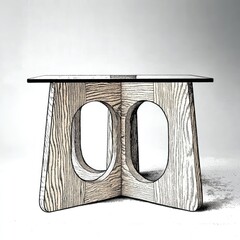 A modern wooden side table with a unique design featuring circular cutouts.