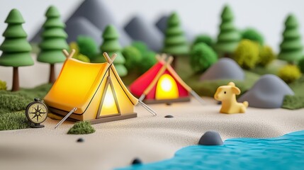 Colorful Camping Scene with Tents, Trees, Mountains, and a Cute Animal Figurine on a Sandy Shoreline