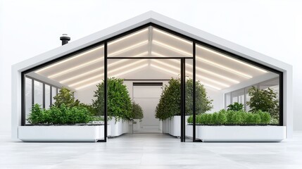 Modern greenhouse with sleek architecture and vibrant greenery in a bright, airy interior space