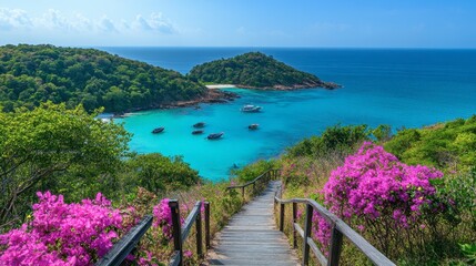 Obraz premium A picturesque walking path leading through the dense tropical jungle of Koh Samet, surrounded by wildlife and flowers.