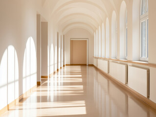 Fototapeta premium narrow school hallway with arched ceiling, bright light streaming through windows, creating serene atmosphere