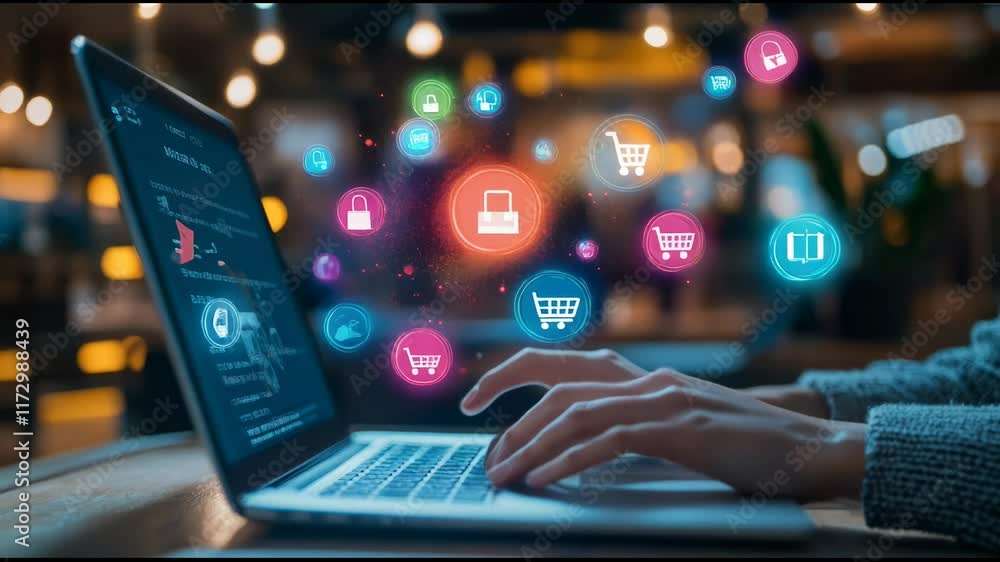 Poster woman is using a laptop for online shopping and e commerce, with various digital icons hovering abov