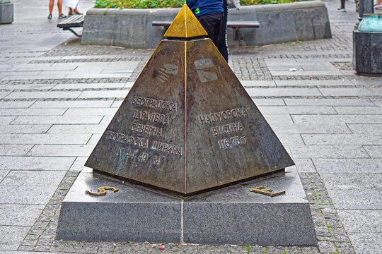 Bronze pyramidion map cordinates landmark in Belgrade Serbia
