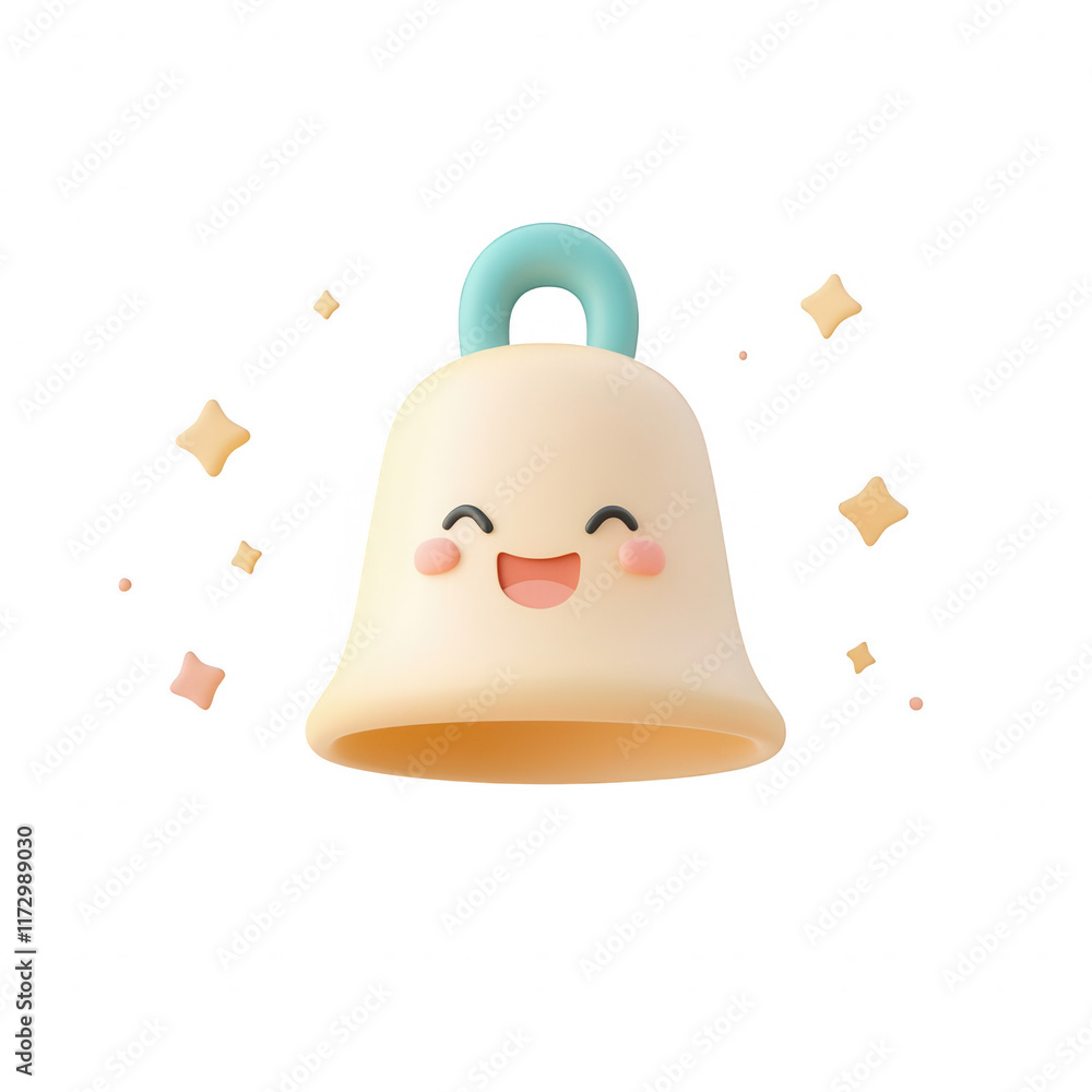Poster a cute animated bell character with a happy face and sparkles around it., isolated on a transparent 