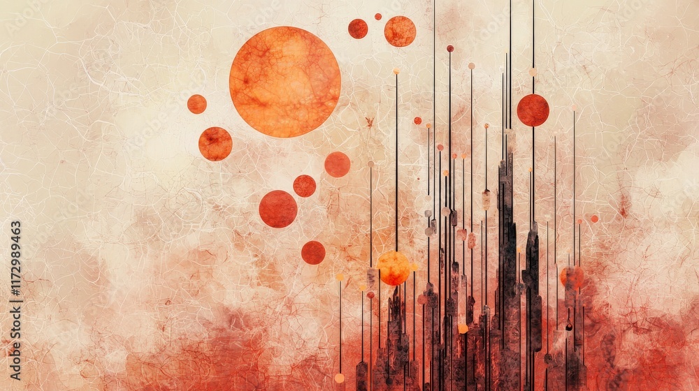 Poster abstract illustration of a stylized landscape with tall structures and red circles against a texture